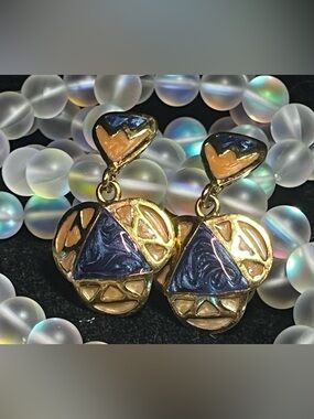 Vintage Gold Toned Continental Pearlescent Enamel Dangly Earrings